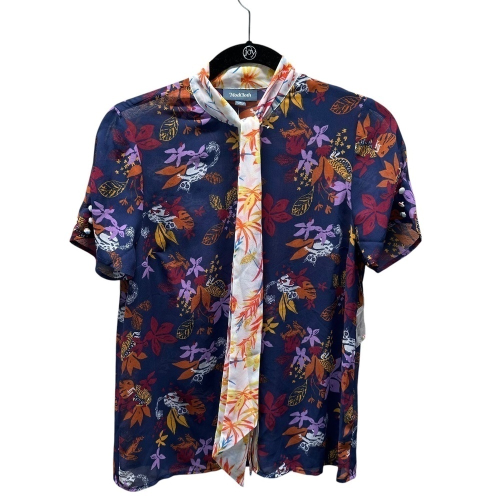 Modcloth Short Sleeve Top Sheer Floral Lemur Frogs & Parrot Print Womens S NEW